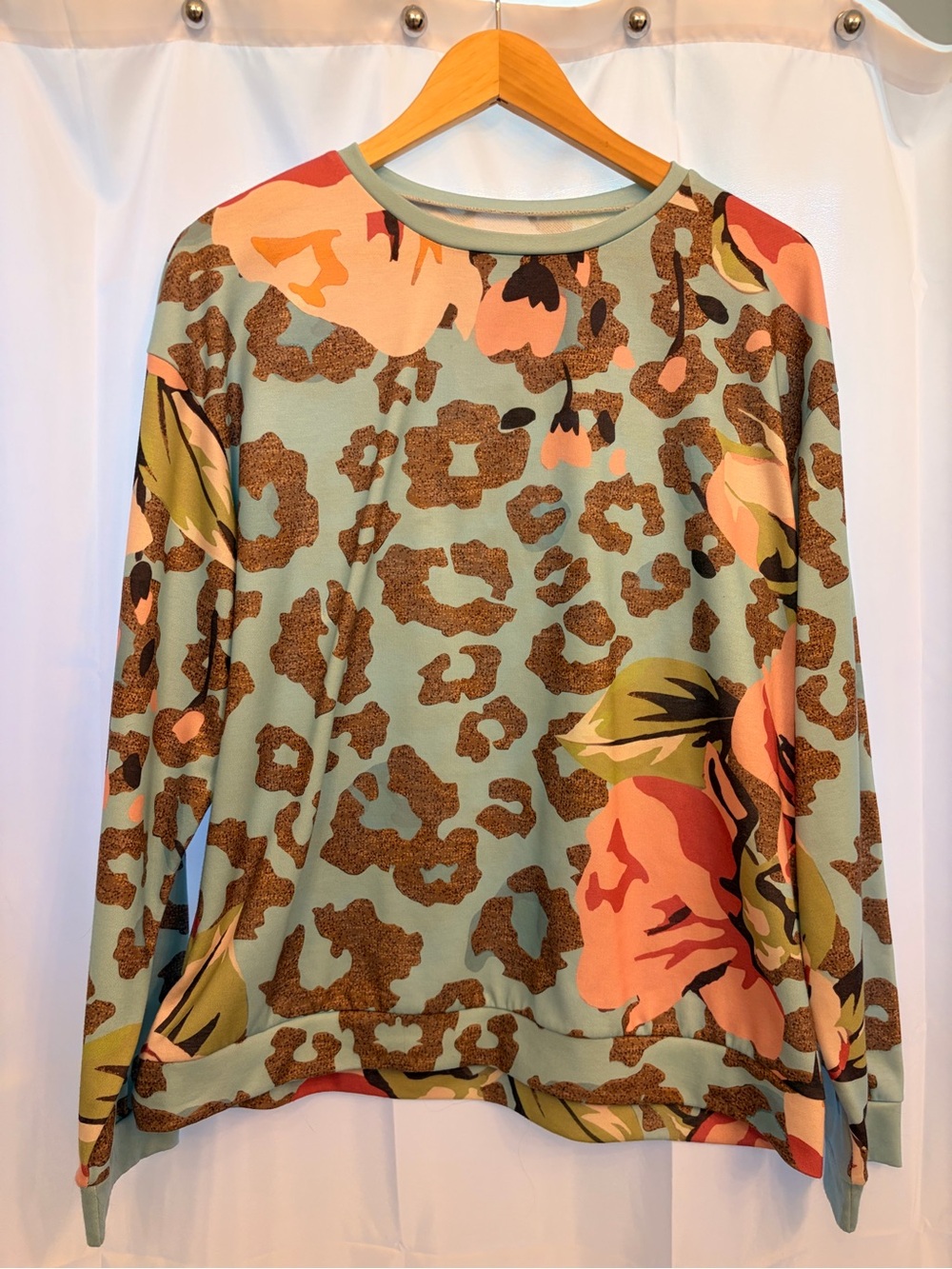 Floral Leopard Print Long-Sleeve Top - Mint Large